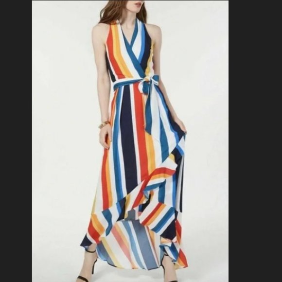 Julia Jordan Color Stripe Hi Lo Sleeveless V Neck Belted Maxi Dress SZ 14 - Picture 1 of 7